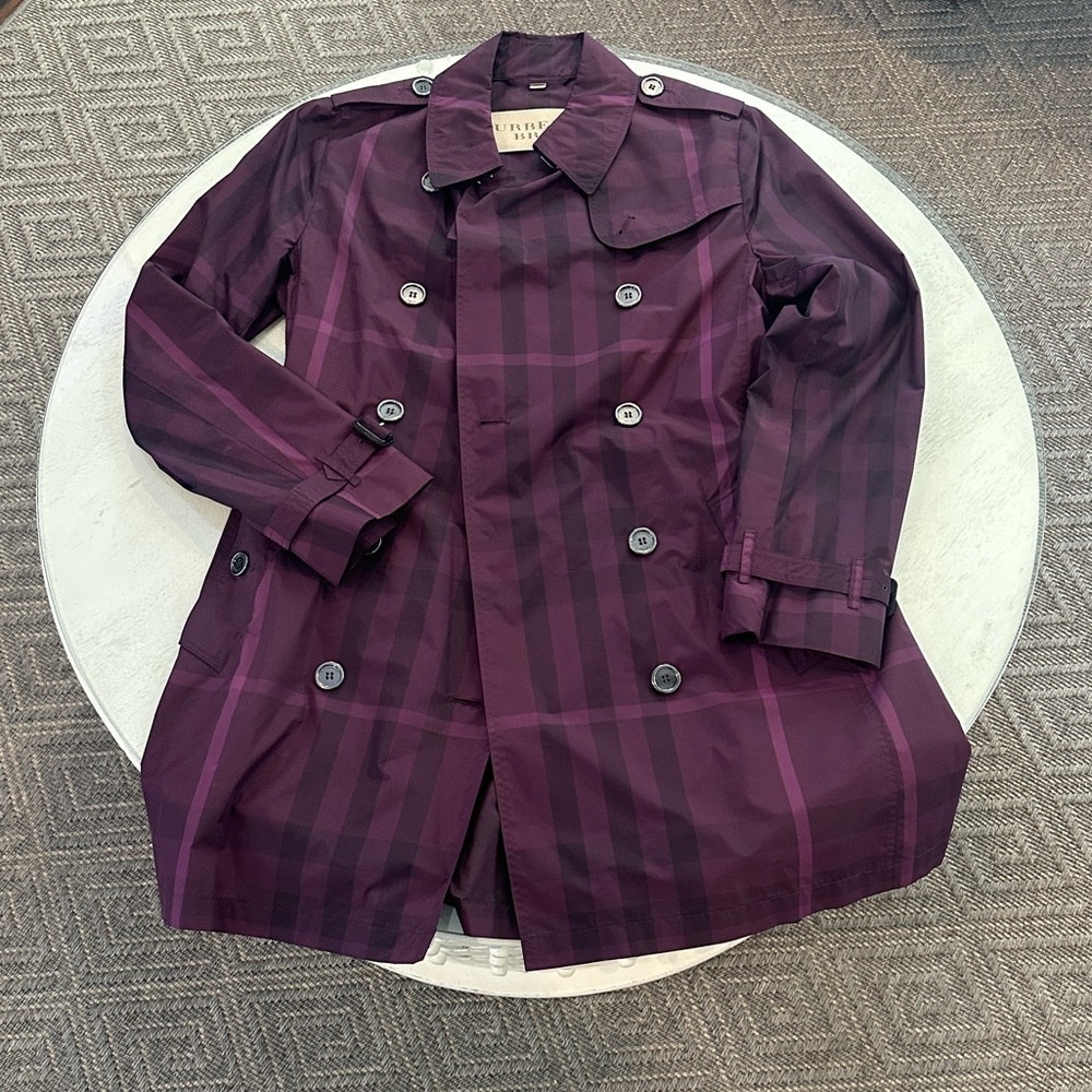 Burberry Purple Plaid Trench Coat